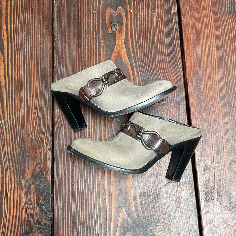 Cole Haan Gray and Brown Heeled Mules